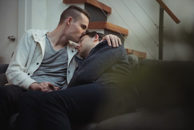 Gay couple kissing and embracing on sofa