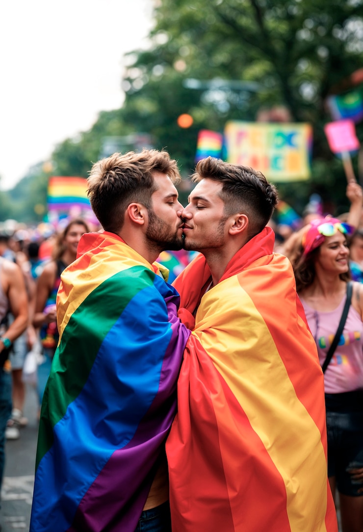 Free Photo gay couple kissing at pride parade