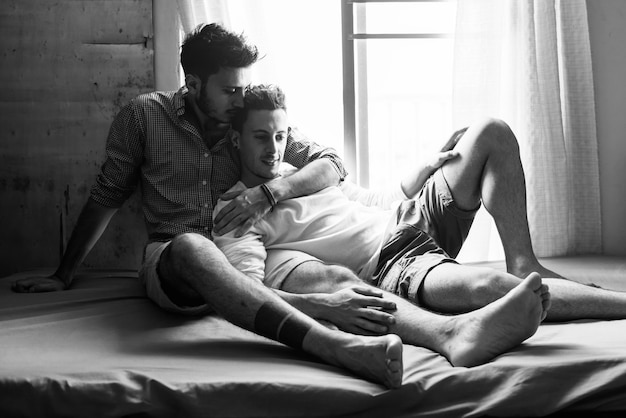 Free photo gay couple love home concept