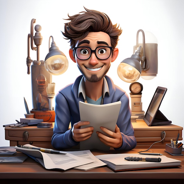 Free photo geeky man with glasses reading a book in his office 3d illustration