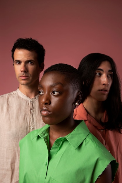 Gender fluid people posing in a pink studio