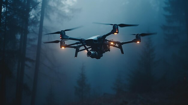 Бесплатное фото Генеративный ии дрон выполняет разведывательный полет в лесу