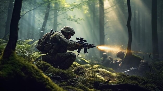 Generative AI a soldier firing his gun against a forest background