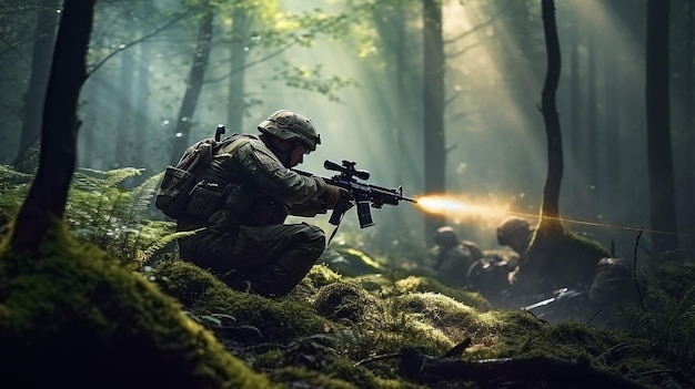 Generative AI a soldier firing his gun against a forest background