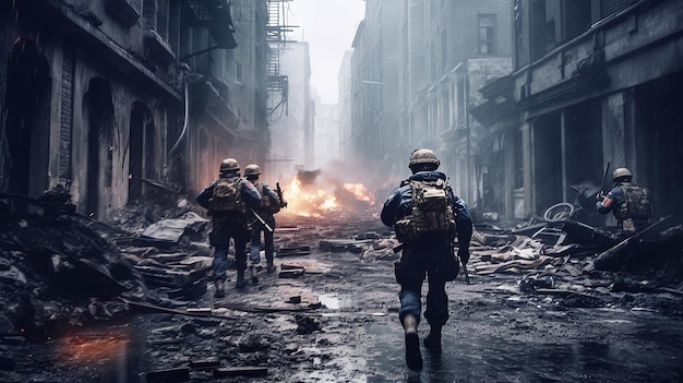 Free photo generative ai soldiers walking down the street of a city in ruins