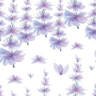 Нежный весенний фон, фиолетовый цветочный узор. акварель фиолетовые цветы, нарисованные от руки, изолированные на белом фоне. бесшовный фон.