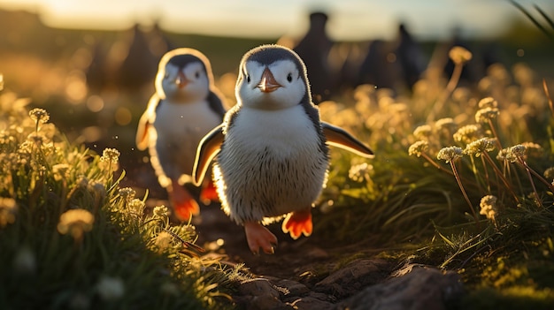 Free photo gentoo penguins walking in the meadow at sunset