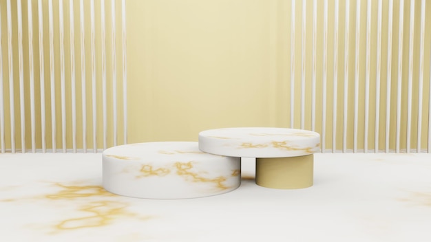 表彰台のディスプレイまたはショーケースの3Dレンダリングのための白と金のスタジオルームのミニマリストモックアップの幾何学的な円柱形の背景