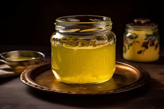Free photo ghee or clarified butter in jar on wooden table ai generative