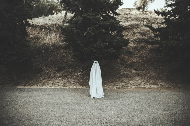 Ghost standing on dark countryside road 