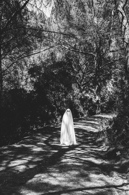 Ghost standing on walkway in gloomy park
