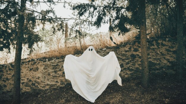 Ghost with unfolding arms standing near wall in park