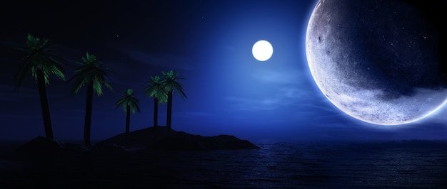 空の惑星と月とヤシの木の島のレンダリング3D