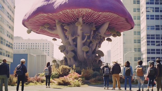 Funghi giganti in città circondati da persone