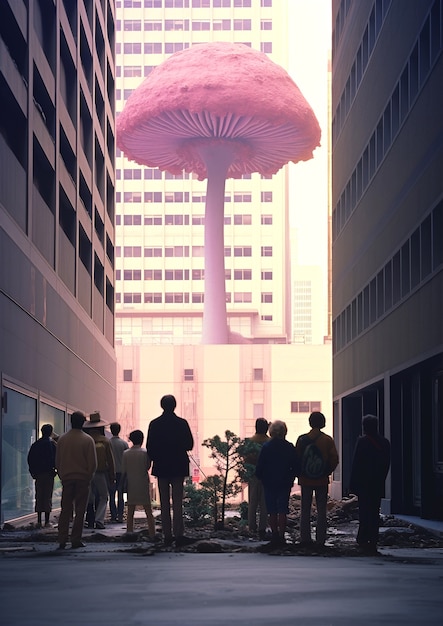 Giant mushroom in city surrounded by people