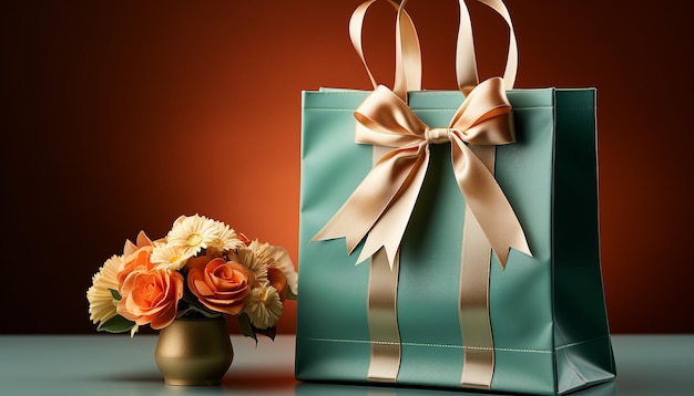 Foto gratuita borsa regalo con elegante bouquet di fiori decorazione perfetta per la celebrazione del compleanno generata dall'intelligenza artificiale