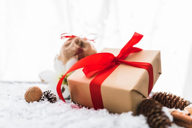 Gift box near flower and snags between decorative snow