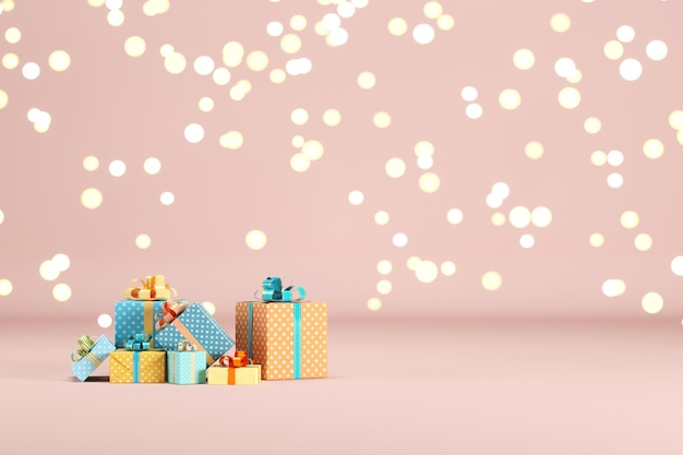 ギフト​ボックス​照明​ボケ​を​背景​に​ピンク色​の​背景​に​設定します​。 3​d​レンダリング​。​最小限​の​クリスマス​新年​の​コンセプト​。​セレクティブフォーカス​。
