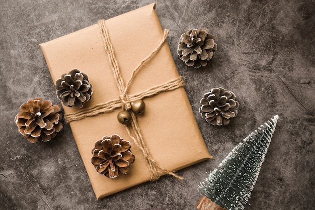 Gift box with cones and small fir trees on table 