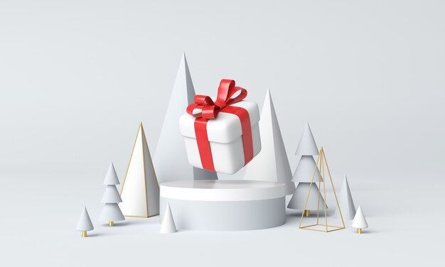 Gift box with red ribbon on stage with trees. 3d rendering