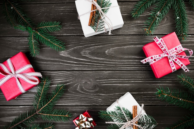 Gift boxes on black wooden table