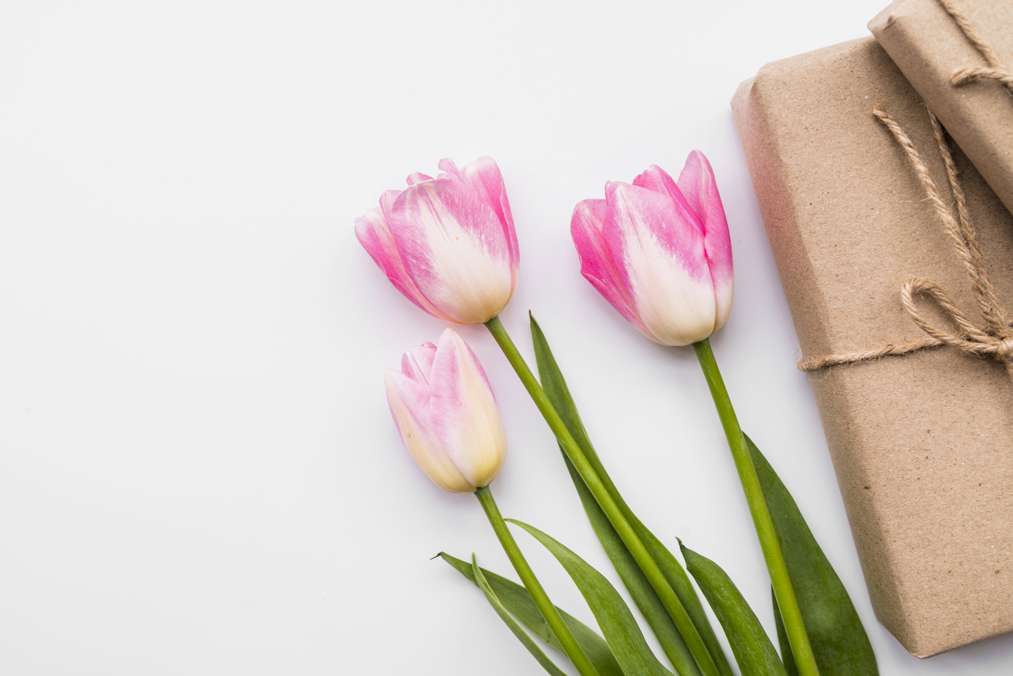 Gift boxes near bunch of pink flowers