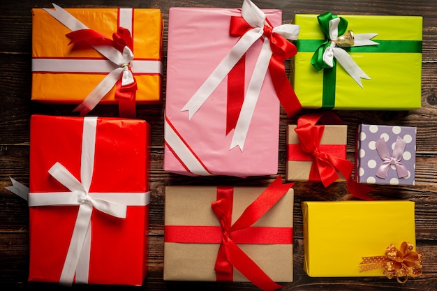 Gift boxes placed on the wooden floor