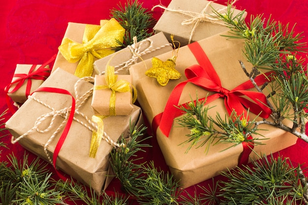 Gift boxes on red table