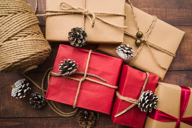 Gift boxes with cones and rope roll 