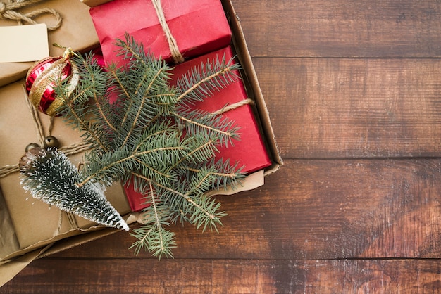 Free photo gift boxes with small fir trees in cardboard box