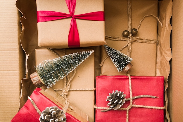 Gift boxes with small fir trees 