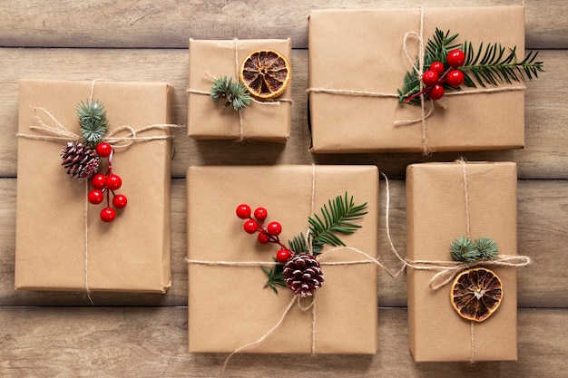 Gift boxes on wooden background