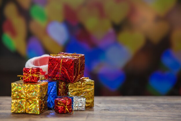 Gift boxes on wooden surface