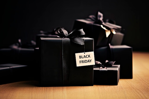 Free photo gifts boxes wrapped in black paper. black friday sale concept. black friday sale text on sale tags