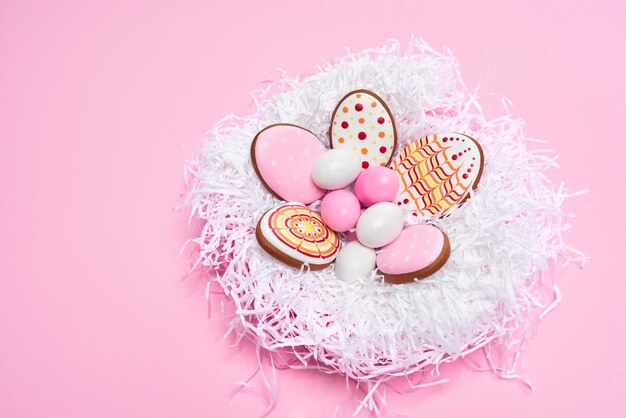 Ginger cookies and eggs in nest