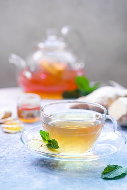 Ginger tea in a glass cup