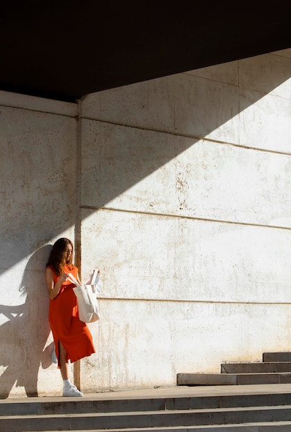 Ginger woman in a clean urban environment