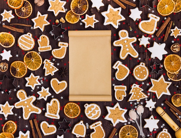 Gingerbread cookies christmas empty paper for recipe new year oranges cinnamon