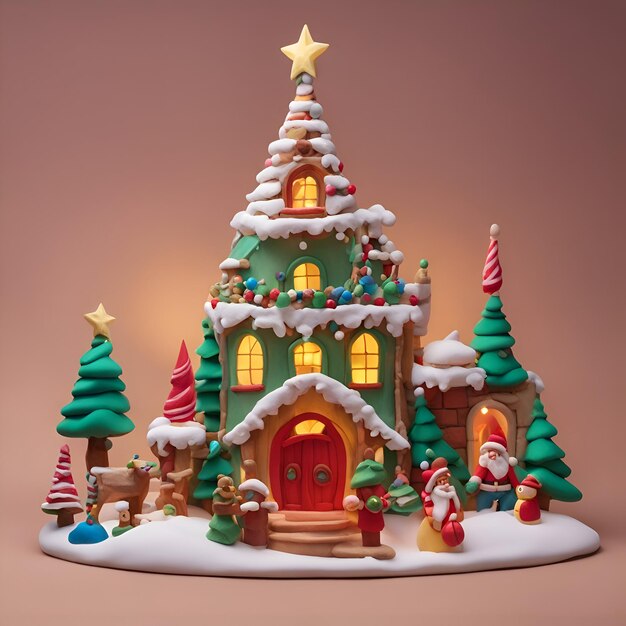 Gingerbread house with Christmas tree and Santa Claus 3d illustration