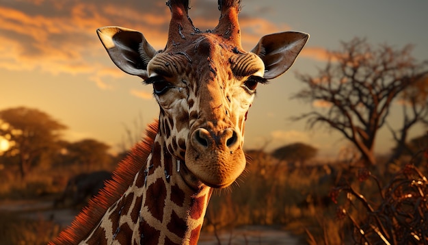 Бесплатное фото Жираф пасется в африканской саванне, залитый золотым солнечным светом, созданным искусственным интеллектом