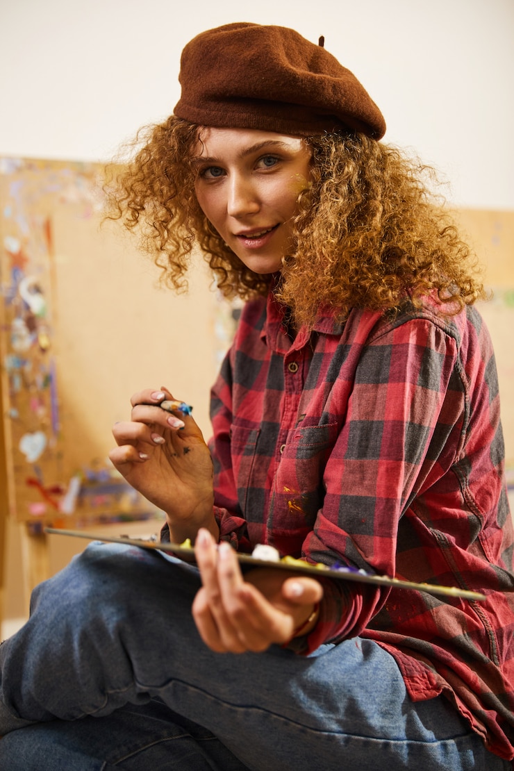 Free Photo girl crossed her legs and holds palette with oils