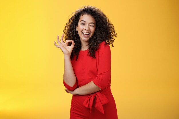 Girl feeling awesome friendlylooking excited and upbeat charming girlfriend with curly hair in dress...