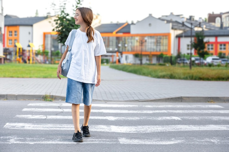 Free Photo the girl goes to school a schoolgirl crosses a pedestrian crossing background of the school