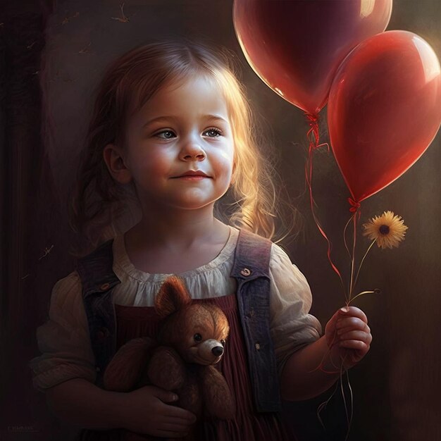 A girl holding balloons and a red heart with the word love on it.