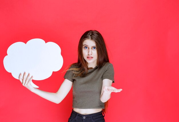 Girl holding a cloud shape info board and looks confused. 