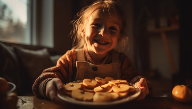 A girl holding a plate of cookies with the word pineapple on it