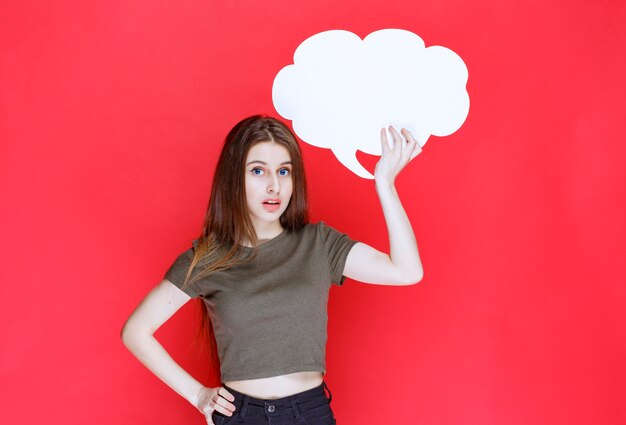 Girl holding and presenting a cloud shape info board. 
