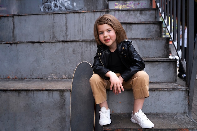 Girl holding skateboard full shot