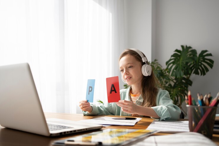 मुफ़्त फोटो girl learning with laptop side view