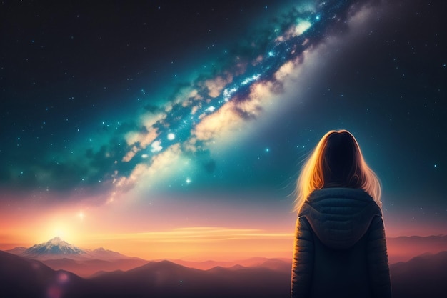 Девушка смотрит на галактику млечный путь